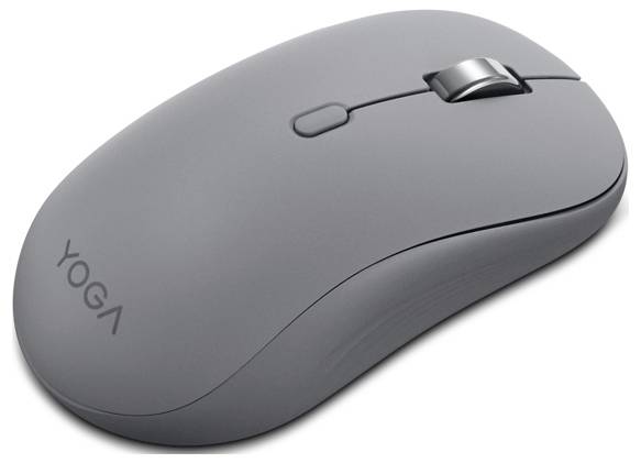 Une souris d'ordinateur sans fil grise et élégante avec une molette de défilement et le mot « YOGA » imprimé sur son côté.