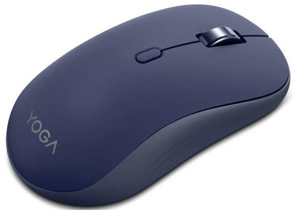 Une souris d'ordinateur sans fil bleu foncé avec une molette de défilement et la marque « Yoga » sur le côté gauche, présentée sous un angle de vue de dessus.