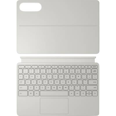 Un clavier gris détachable et un étui pour tablette. Le clavier est doté de touches de fonction et d'un pavé tactile. L'étui comporte une découpe pour la caméra.