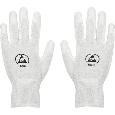 Deux gants antistatiques gris avec le logo « ESD » au dos, conçus pour protéger les composants électroniques de l'électricité statique.