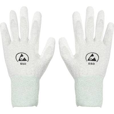 Deux gants ESD (Décharge Électrostatique) blancs avec des symboles ESD noirs imprimés sur les dos, indiquant une protection contre les charges statiques, sur un fond blanc.