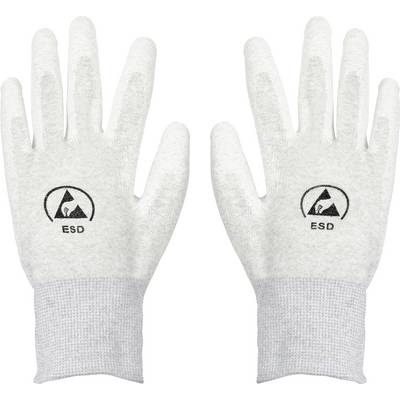 Paire de gants ESD blancs avec manchettes grises, présentant un logo noir avec « ESD » au dos de chaque main, utilisés pour manipuler les appareils électroniques en toute sécurité.
