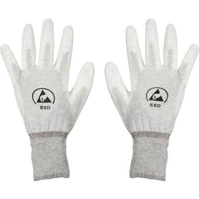 Paire de gants ESD (décharge électrostatique) gris avec des symboles noirs au dos, conçus pour protéger les composants électroniques des décharges statiques.
