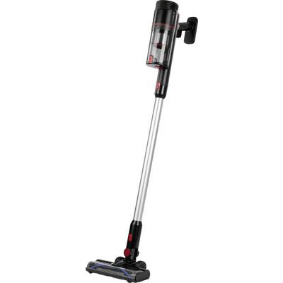 Un aspirateur sans fil épuré noir et argenté avec une poignée, un bac à poussière transparent et une brosse motorisée pour un nettoyage efficace.