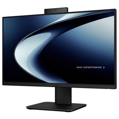 Un moniteur ASUS ExpertCenter noir au design épuré et moderne affiche un fond abstrait bleu et noir.