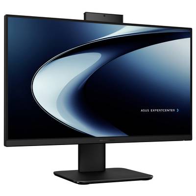 Un moniteur informatique épuré affichant un design d'onde numérique sur l'écran, avec le texte « ASUS ExpertCenter », installé sur un socle noir.