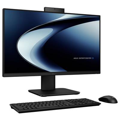 Un élégant ensemble informatique tout-en-un noir avec un grand moniteur, un clavier et une souris, étiqueté « ASUS ExpertCenter ».
