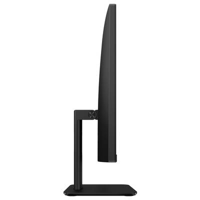 Une vue latérale d'un écran d'ordinateur noir et fin sur un socle, mettant en avant son profil mince et son design minimaliste.