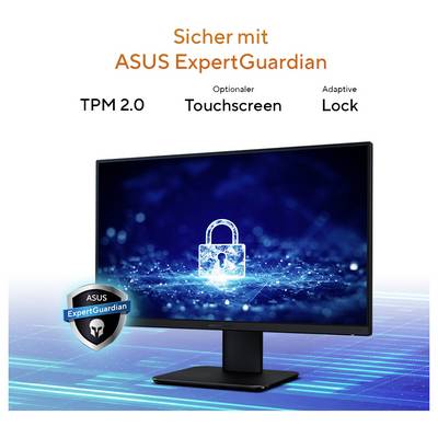 Un moniteur d'ordinateur affiche un symbole de sécurité sur l'écran. Au-dessus, il est écrit « Sécurisé avec ASUS ExpertGuardian » en orange.