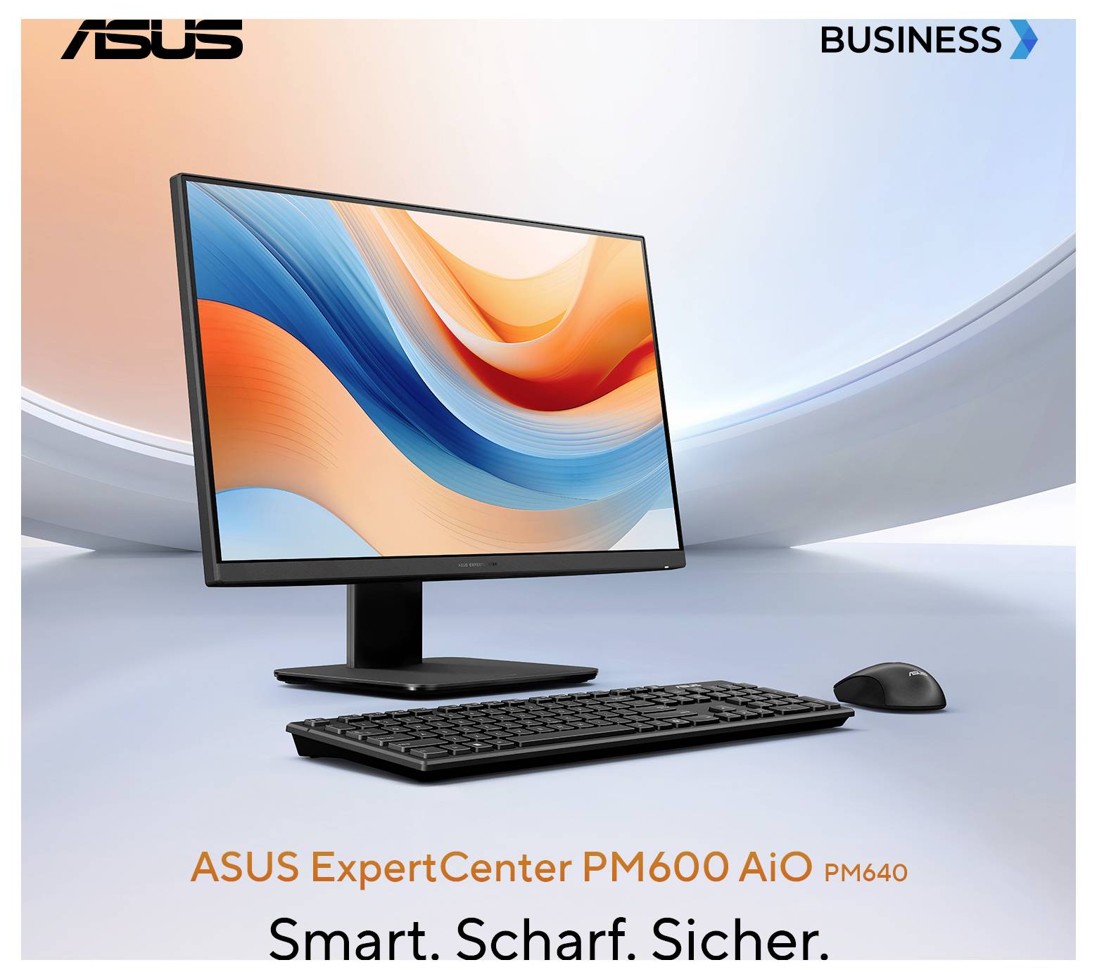 Ordinateurs et accessoires sur un bureau. L'écran affiche des vagues colorées abstraites. Texte : « ASUS ExpertCenter PM600 AiO PM640. Intelligent. Net. Sûr. »