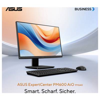 Ordinateurs et accessoires sur un bureau. L'écran affiche des vagues colorées abstraites. Texte : « ASUS ExpertCenter PM600 AiO PM640. Intelligent. Net. Sûr. »