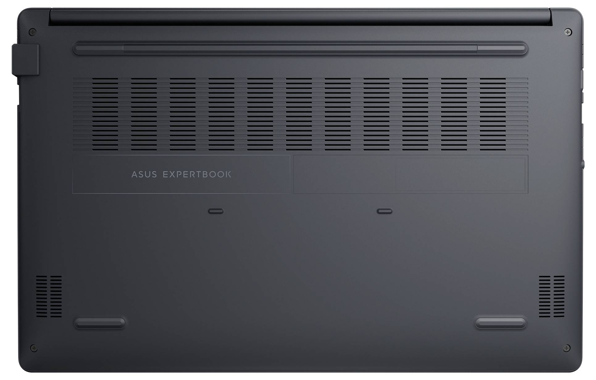 Vue de dessous d'un ordinateur portable montrant les grilles de ventilation et une étiquette portant la mention « ASUS ExpertBook », indiquant la marque et le modèle.