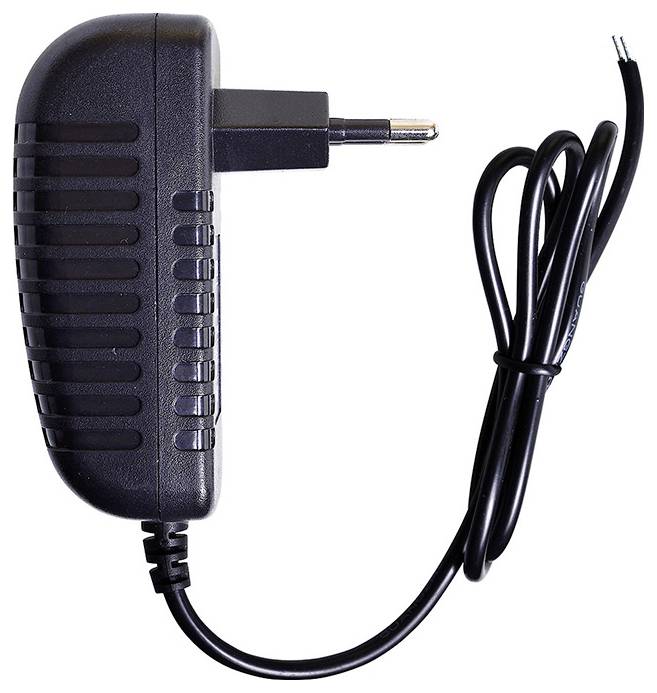 Un adaptateur d'alimentation noir avec une fiche à deux broches et un long câble noir. Le câble se termine par des fils exposés pour les connexions électriques.