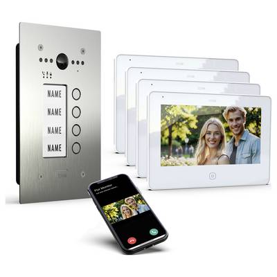 Système d'interphone avec connectivité smartphone et trois écrans intérieurs. Affiche un appel vidéo avec un couple souriant sur tous les écrans.