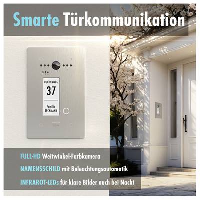 Appareil « Communication de Porte Intelligente » ; équipé d'une caméra grand angle Full HD, d'une plaque d'immeuble illuminée, et de LED infrarouge pour la vision nocturne.