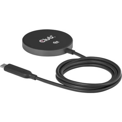 Un socle de recharge sans fil circulaire noir avec un câble USB-C connecté. Le socle affiche le logo « Club3D » et le symbole « Qi ».