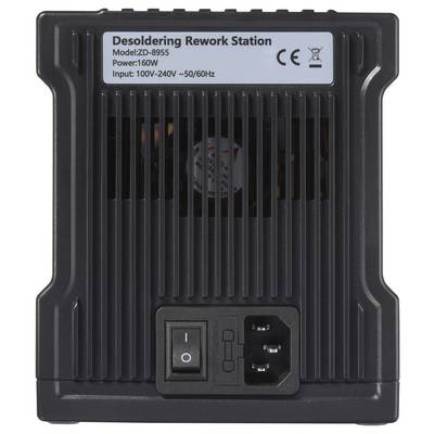 Station de dessoudage de rework, modèle ZD-8955, puissance : 160W, entrée : 100V-240V ~50/60Hz, avec interrupteur d'alimentation et prise de courant sur un appareil noir.
