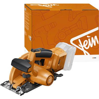 Un outil électrique sans fil orange avec une lame circulaire est placé devant une boîte orange présentant un dessin en contour et le logo « fein ».