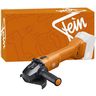 Un outil électrique orange, probablement une meuleuse, avec la marque « Fein », est présenté devant une boîte orange portant un logo similaire.