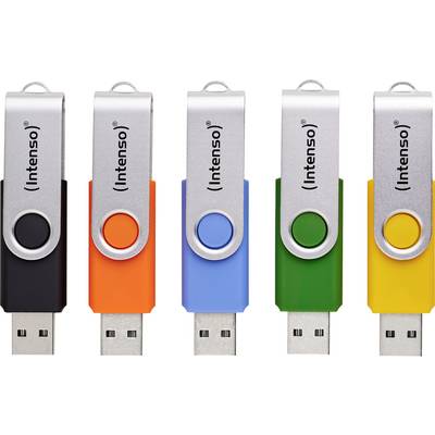 Cinq clés USB avec capuchons pivotants sont présentées en noir, orange, bleu, vert et jaune. Chacune porte le nom de marque « Intenso » imprimé.