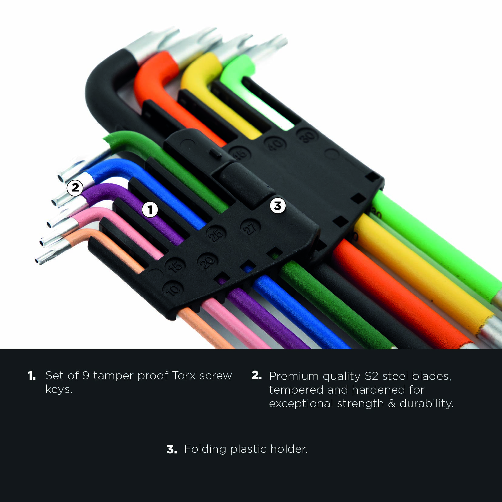 Ensemble de 9 clés à vis Torx inviolables dans un porte-clés en plastique pliant, fabriquées en acier S2 de qualité supérieure pour la résistance et la durabilité.