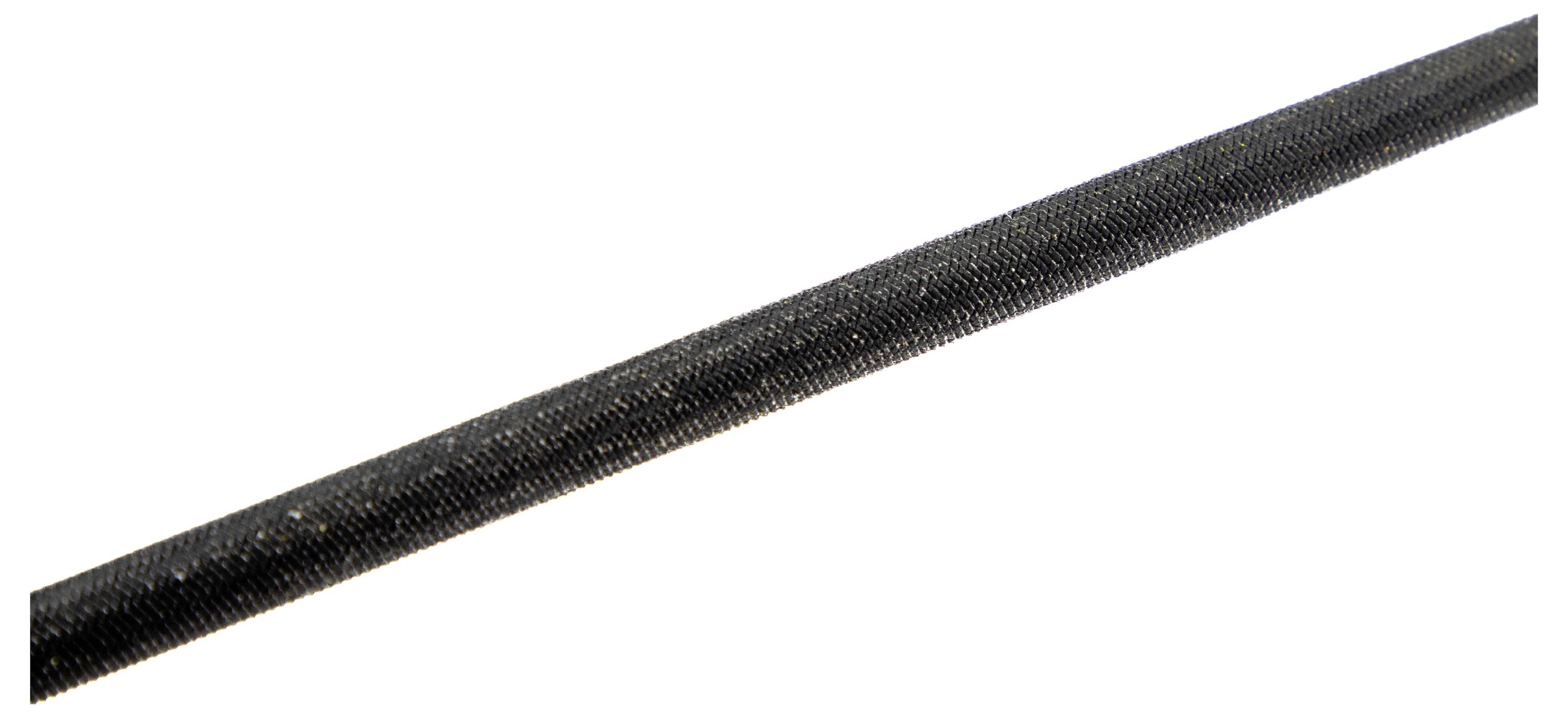 Vue rapprochée d'une lime cylindrique noire avec une surface texturée fine, utilisée pour lisser ou façonner des matériaux.