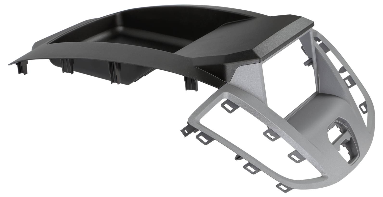 Rendu 3D d'un panneau de garniture de console centrale de tableau de bord de voiture en plastique gris et noir avec un plateau de rangement ouvert et des languettes de montage, présenté sur un fond blanc
