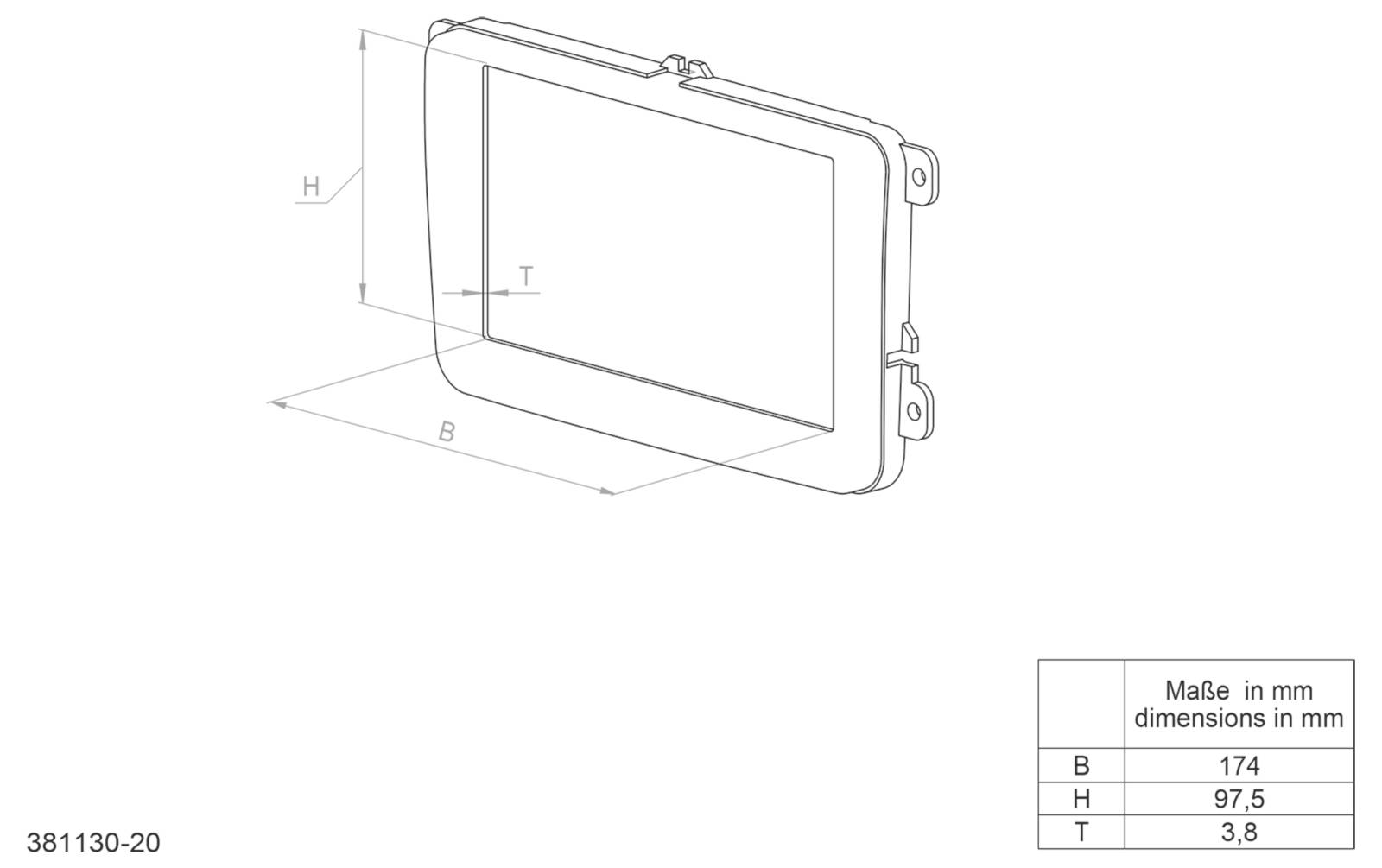 Dessin technique en ligne d'un panneau rectangulaire avec des languettes de montage, dimensions étiquetées L 174 mm, H 97,5 mm, et ép 3,8 mm ; la note indique « Réalisé en dimensions mm ».