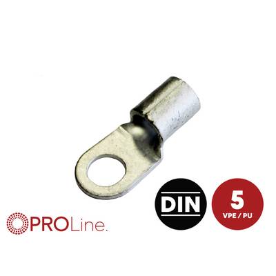 Connecteur de borne annulaire métallique pour câblage électrique, avec logo PROLine et icônes de certification DIN, 5 VPE/PU.