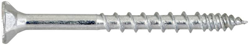Vis en métal à tête plate fraisée, finition argentée, et filetage grossier sur un fond blanc.