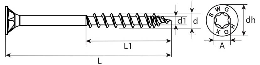 Dessin technique d'une vis montrant les dimensions L, L1, d, d1, dh, et A avec une vue de dessus de la tête.