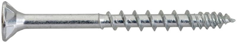 Une vis à tête plate en argent avec des filetages grossiers, présentée horizontalement sur un fond blanc.