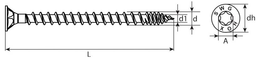 Dessin technique d'une vis avec vues latérales et vue de tête, dimensions étiquetées L, d1, d, dh et A montrant les mesures de longueur et de diamètre.