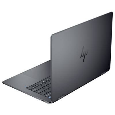 Un ordinateur portable élégant et moderne avec une finition mate, partiellement ouvert. Le design est minimaliste, affichant un logo sur la couverture supérieure.