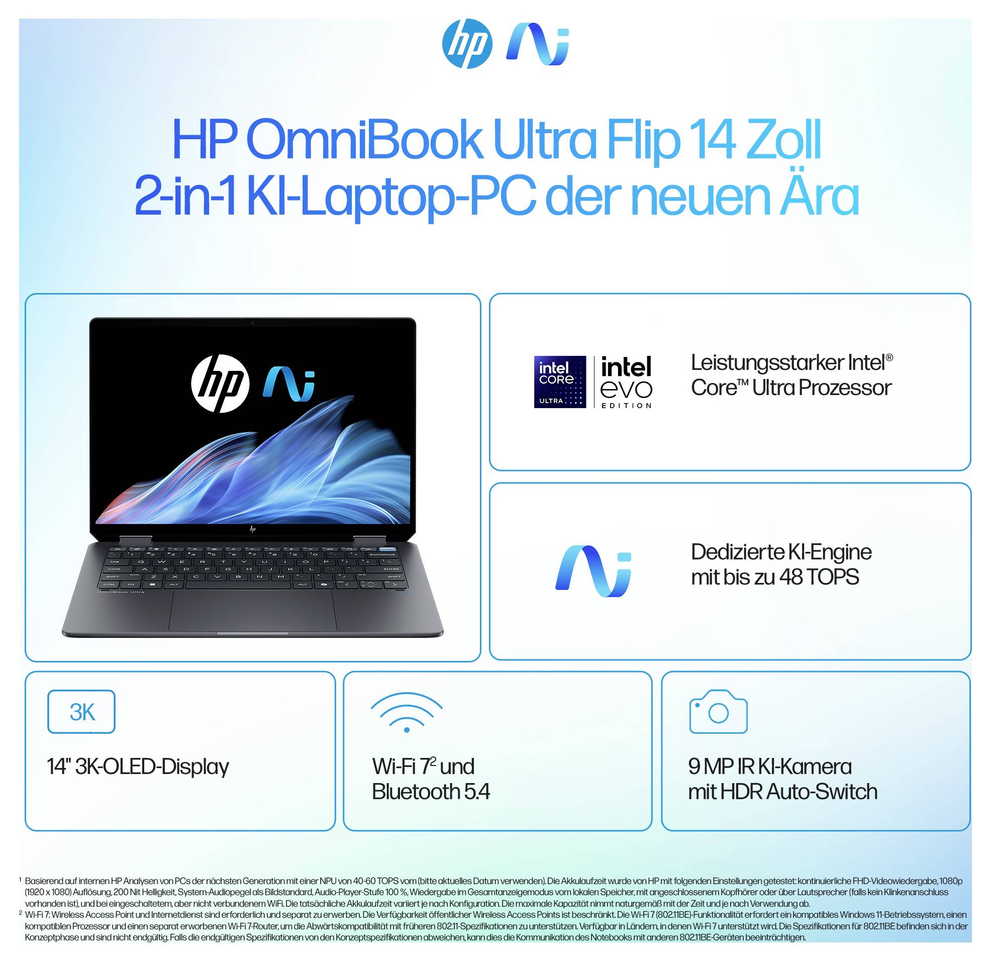 HP Notebook OmniBook Ultra 35.6 cm (14 pouces) 3K Intel® Core™ Ultra 7 (Series 2) 258V 32 GB RAM 2 TB SSD allemand, QWER-2