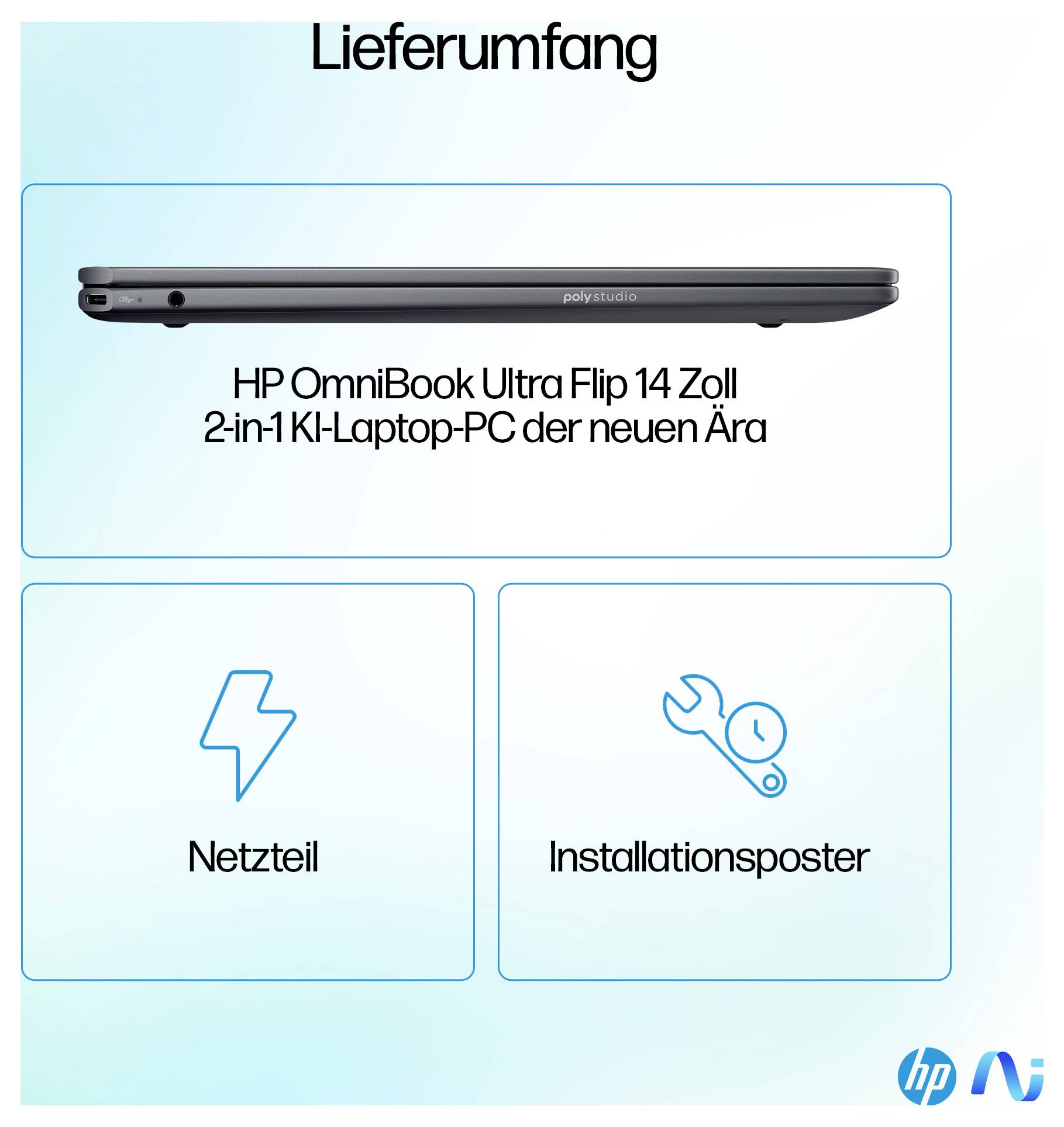 Contenu de la livraison d'un HP OmniBook Ultra Flip 14 pouces : l'adaptateur secteur et l'affiche d'installation sont inclus.