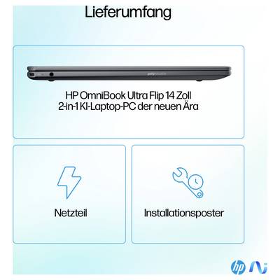Contenu de la livraison d'un HP OmniBook Ultra Flip 14 pouces : l'adaptateur secteur et l'affiche d'installation sont inclus.