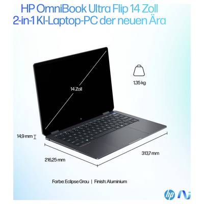 « HP OmniBook Ultra Flip 14 pouces » Ordinateur portable 2-en-1. Dimensions : 313,7 mm x 216,25 mm x 14,9 mm. Poids : 1,35 kg. Couleur : Gris Éclipse. Finition : Aluminium.