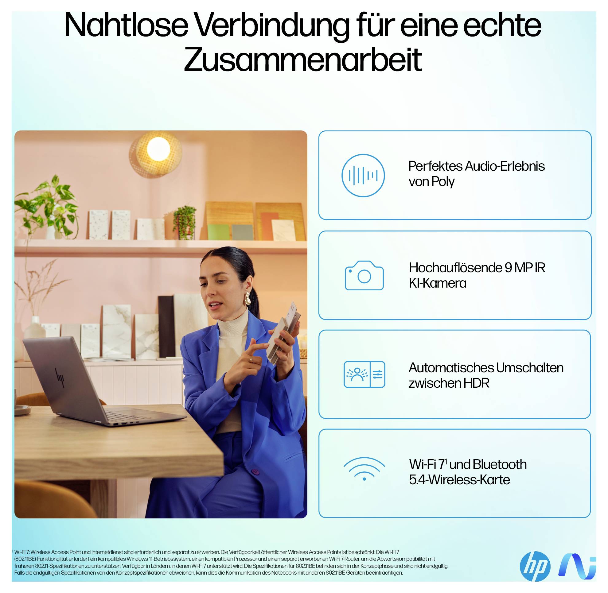 Femme en costume bleu parlant par vidéoconférence. Le texte affiche : « Audio parfait », « Caméra 9 MP », « HDR automatique », « WI-FI 7 », « Bluetooth 5.4 ».