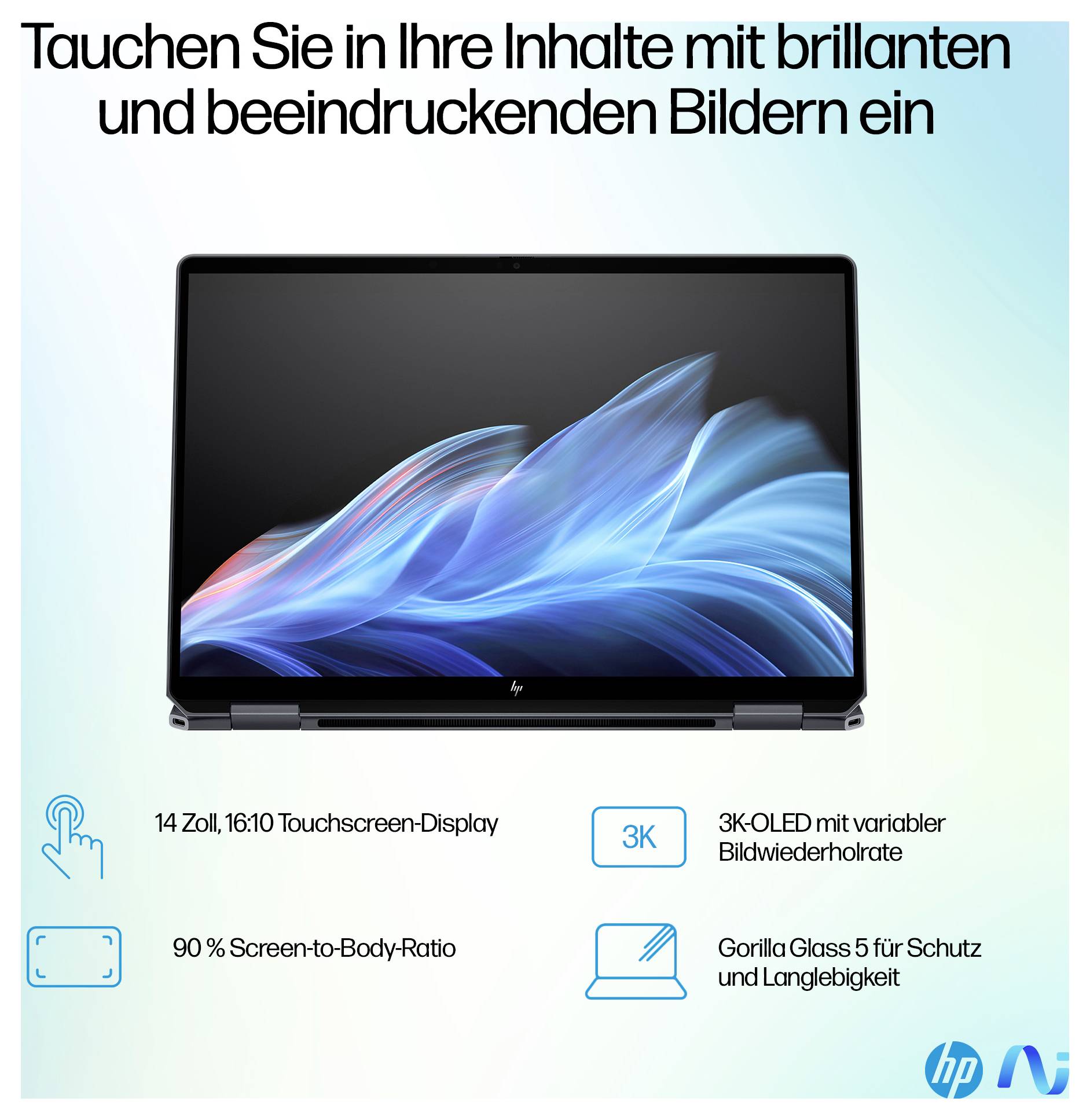 Un ordinateur portable avec écran ouvert affiche des graphiques dynamiques bleus et blancs. Le texte souligne la qualité d'image impressionnante et les détails de l'écran.