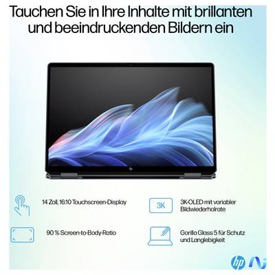 Un ordinateur portable avec écran ouvert affiche des graphiques dynamiques bleus et blancs. Le texte souligne la qualité d'image impressionnante et les détails de l'écran.