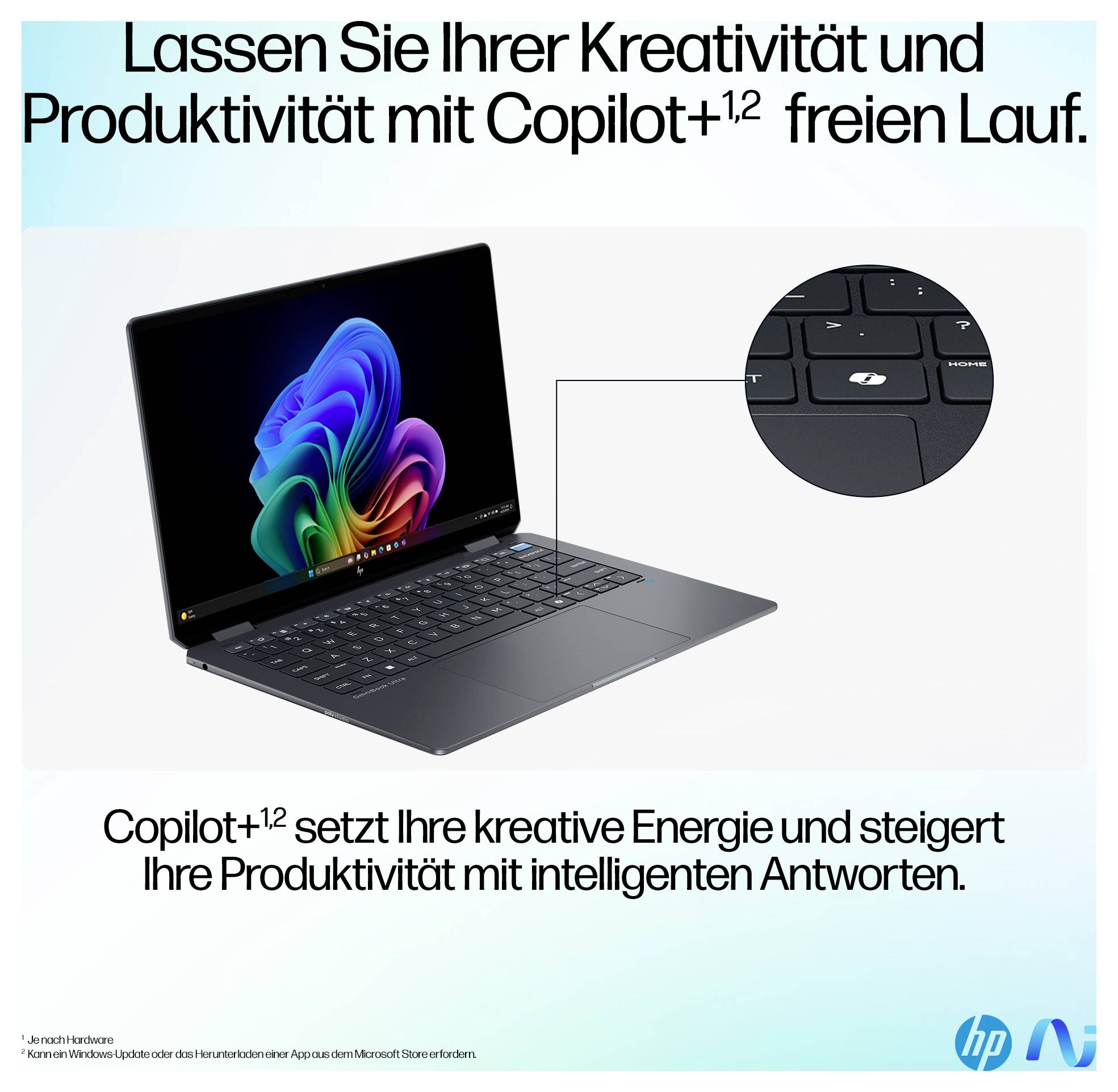 Un ordinateur portable affiche un graphique coloré sur l'écran. Texte : « Libérez votre créativité et votre productivité avec Copilot+1.2. »