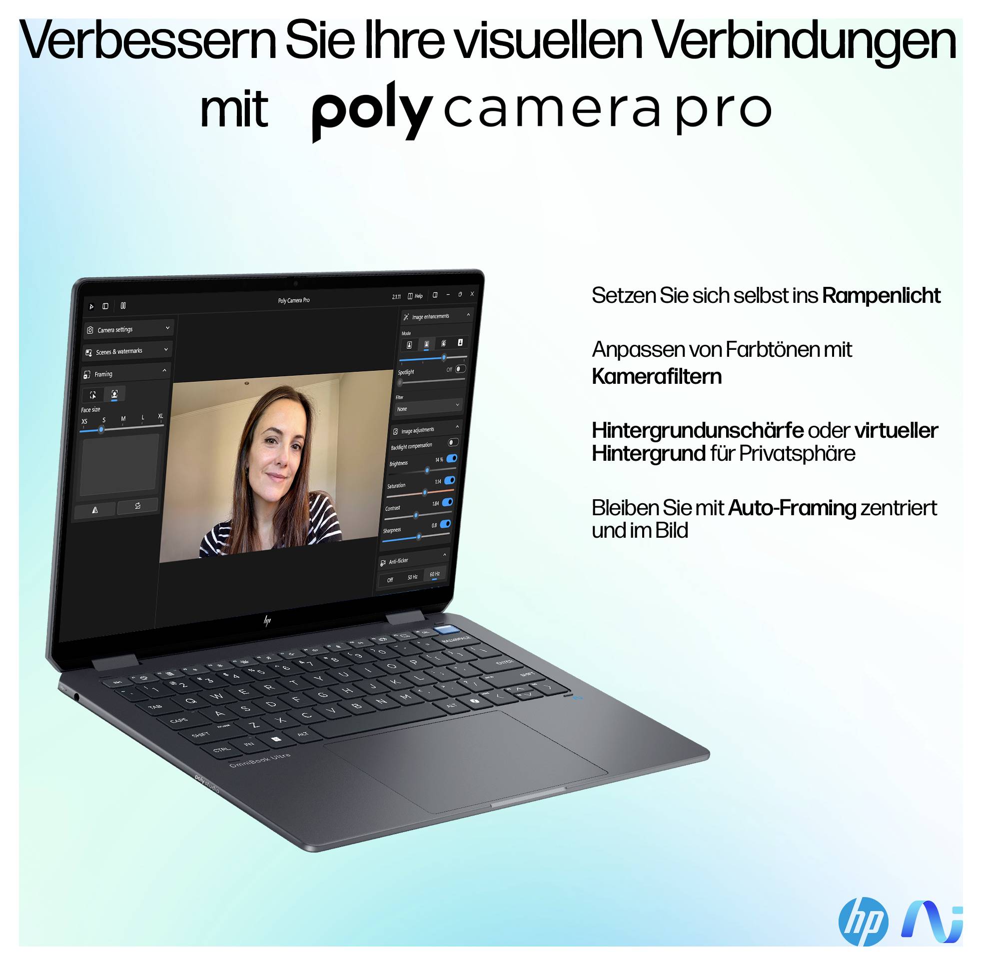 Un ordinateur portable affiche un logiciel de vidéoconférence avec une femme souriante. Le texte met en évidence des fonctionnalités telles que les filtres de caméra et les arrière-plans virtuels.