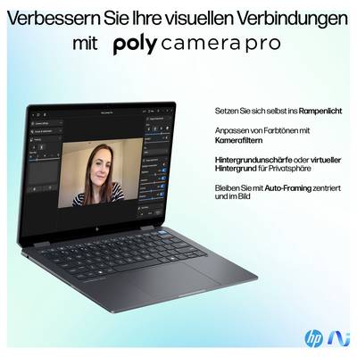 Un ordinateur portable affiche un logiciel de vidéoconférence avec une femme souriante. Le texte met en évidence des fonctionnalités telles que les filtres de caméra et les arrière-plans virtuels.