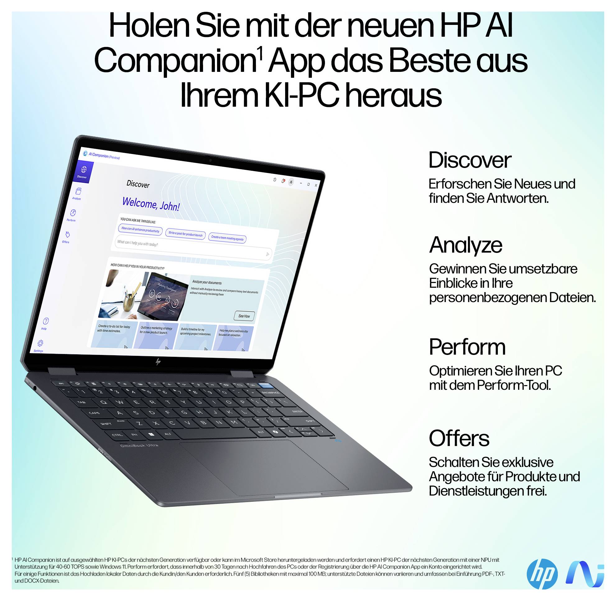 Un ordinateur portable avec un écran ouvert affiche l'application HP AI Companion. Le texte décrit des fonctionnalités telles que Découvrir, Analyser, Optimiser et Offres.