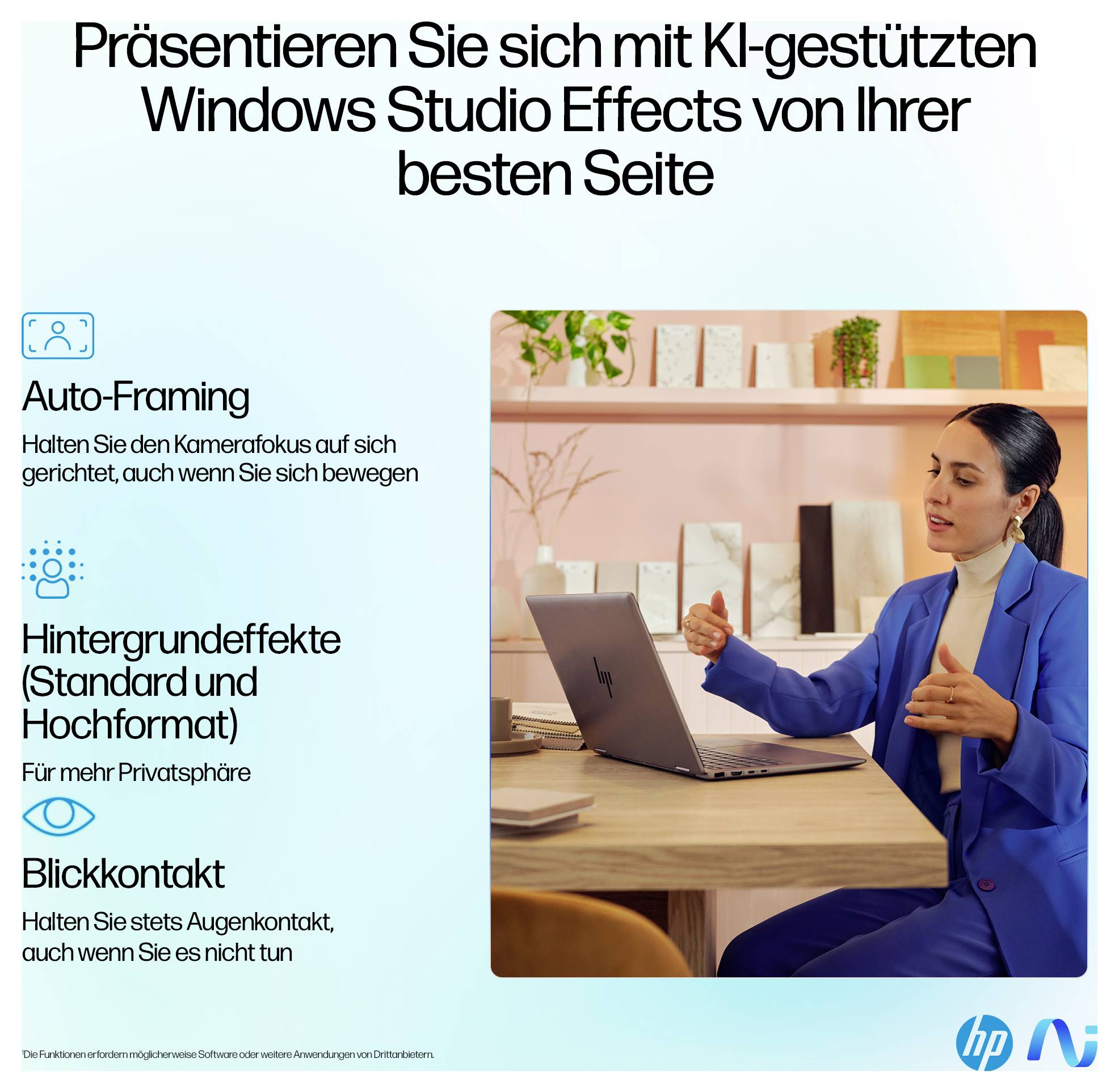 Présentation des effets Windows Studio alimentés par l'IA ; personne sur un ordinateur portable ; cadrage automatique, effets d'arrière-plan, contact visuel mis en évidence.