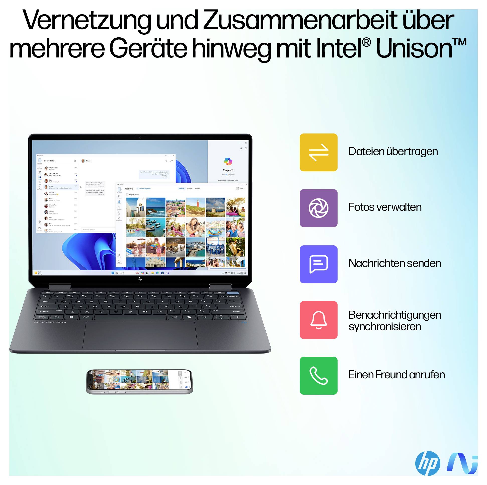 Un ordinateur portable avec une interface utilisateur et un smartphone. Le texte décrit des fonctionnalités telles que « Transférer des fichiers » et « Gérer des photos ».