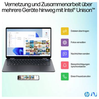 Un ordinateur portable avec une interface utilisateur et un smartphone. Le texte décrit des fonctionnalités telles que « Transférer des fichiers » et « Gérer des photos ».