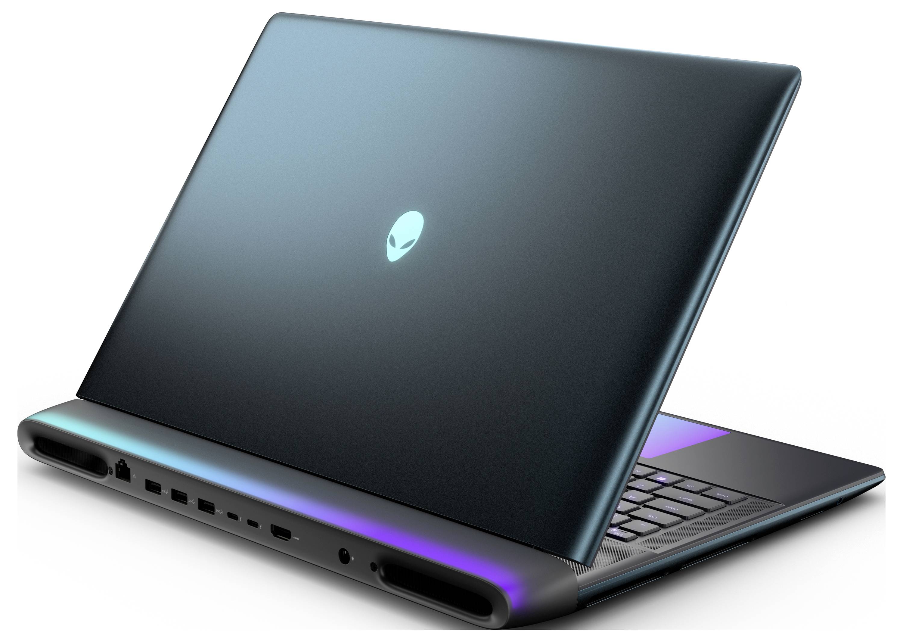 Un ordinateur portable au design épuré, avec un logo extraterrestre luminescent au dos et un panneau arrière visible présentant divers ports et un éclairage RVB.