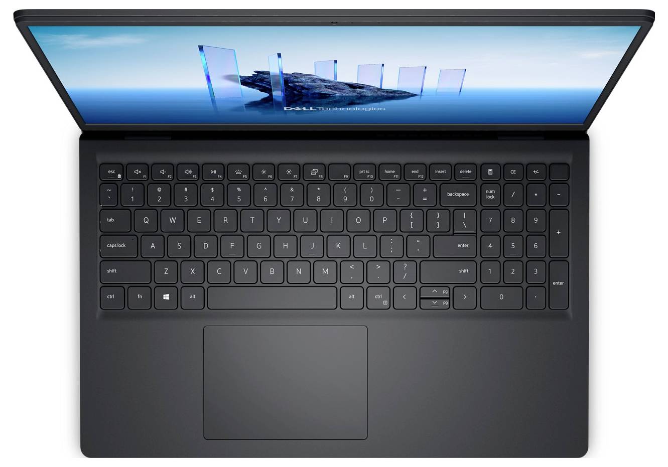 « Vue de dessus d'un ordinateur portable ouvert avec un clavier noir et un écran affichant des formes géométriques abstraites bleues sur un fond aquatique. »